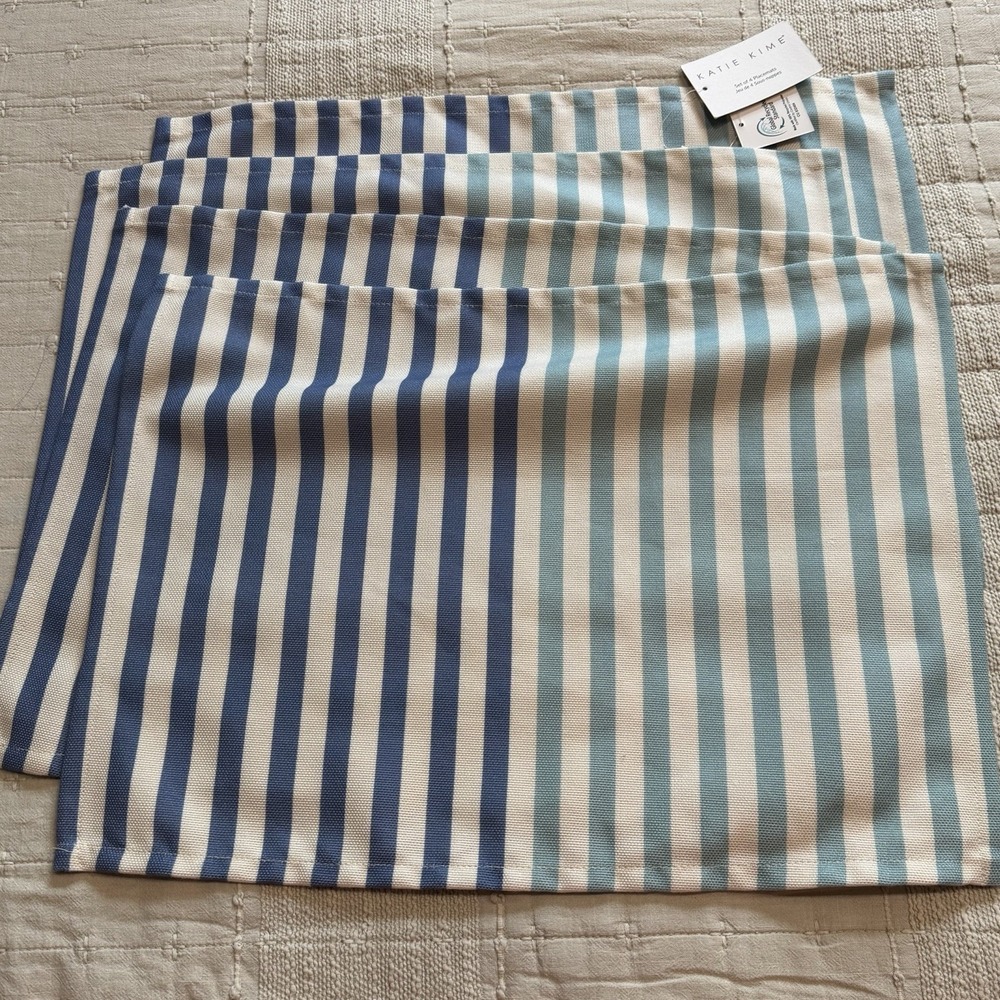 NWT Set of 4 Katie Kime Placemats Blue/Green/Ivory Stripes 14‎ x 19